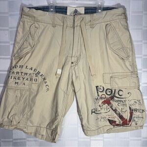 Rare Vintage 90s Polo by Ralph Lauren Beige Graphic Cargo Shorts 36 waist